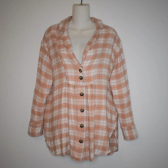 Free People Babydoll Tunic Button Down Shirt Sz M Flannel Plaid Relaxed Fit - Picture 1 of 15